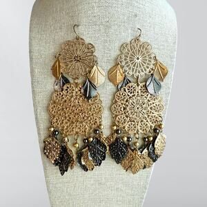 Boho Layered Filligree Metal Gold & Black Dangling Leaves Earrings